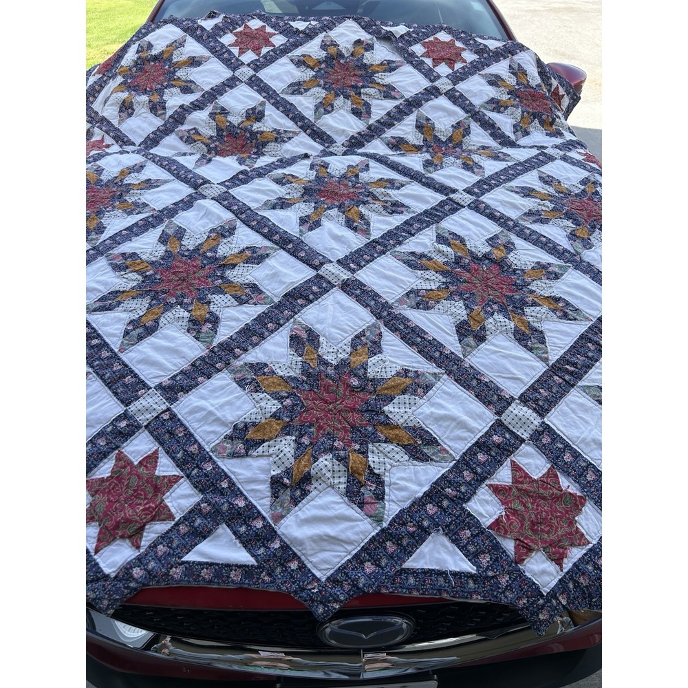 Vintage Handmade Patchwork Quilt 74x77 Full Star Floral Cottagecore Cutter